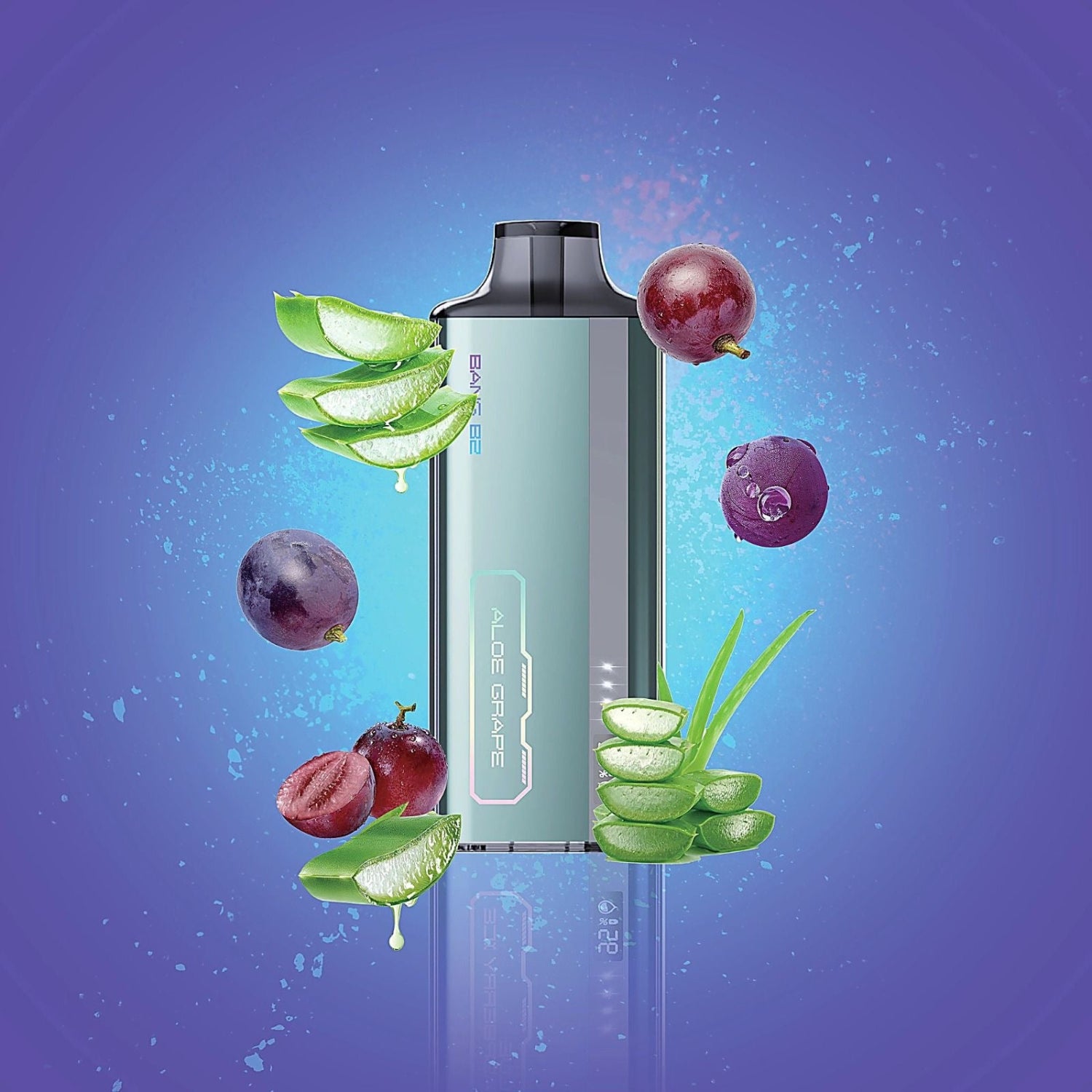 Bang B2 Aloe Grape Disposable Vape device with aloe vera leaves and grapes on a blue background