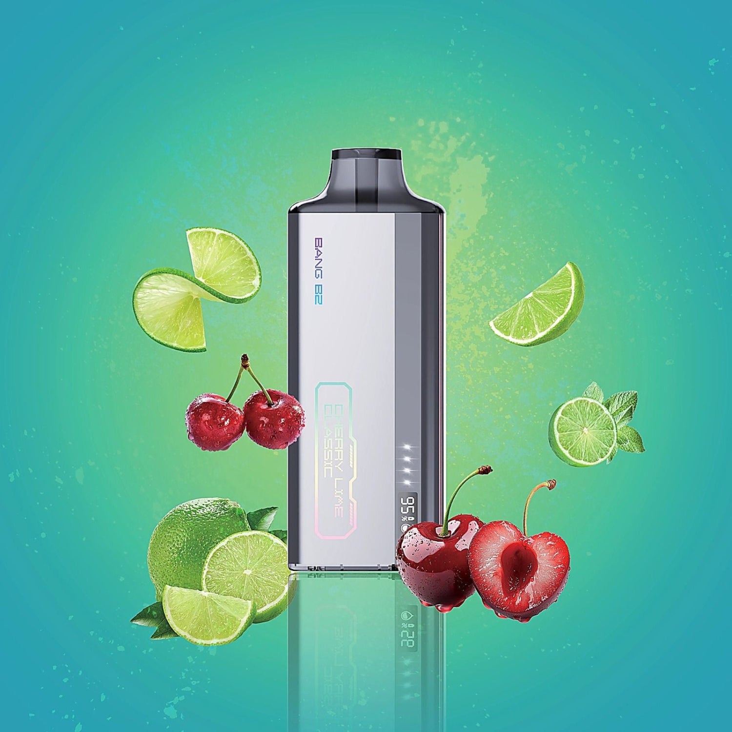 Bang B2 Cherry Lime Classic Disposable Vape device with lime and cherry graphics on a gradient background