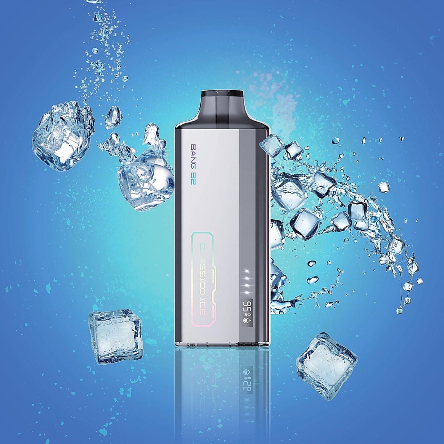 Bang B2 Classic Ice Disposable Vape device with ice cubes on a blue gradient background