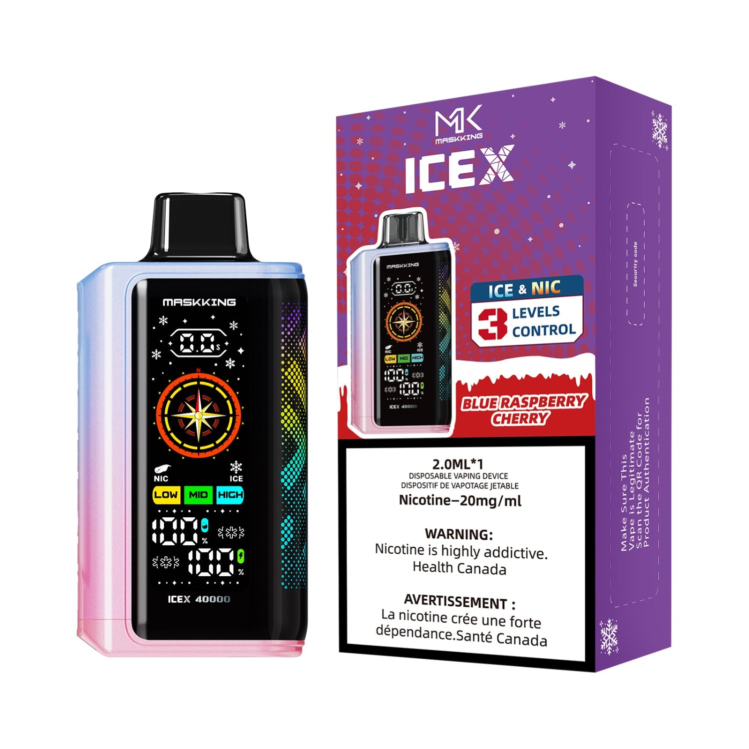 Maskking IceX Blue Raspberry Cherry Disposable Vaping device with colorful display and packaging on a white background