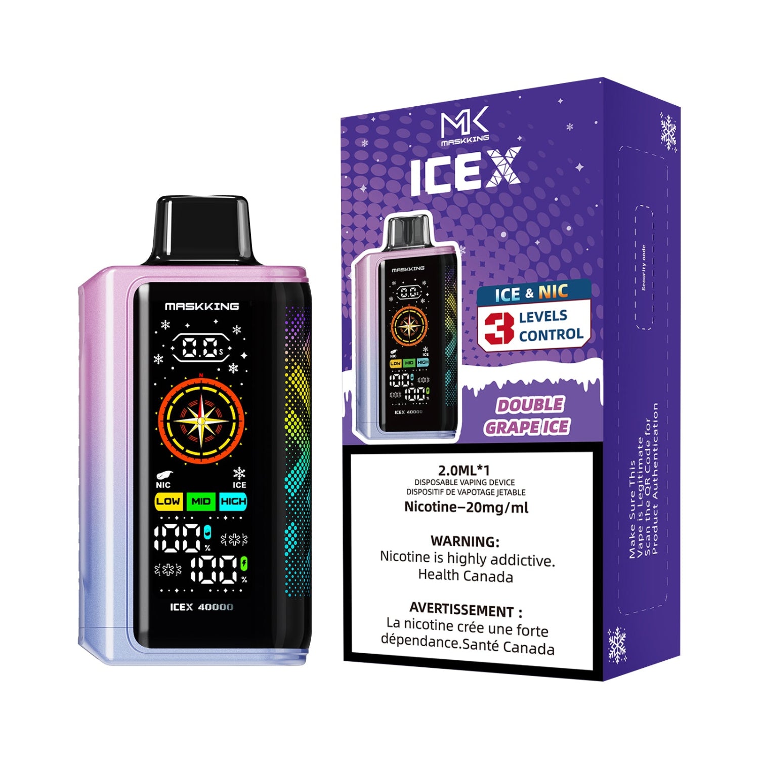 Maskking ICEX Double Grape Ice Disposable vape device and packaging on a white background