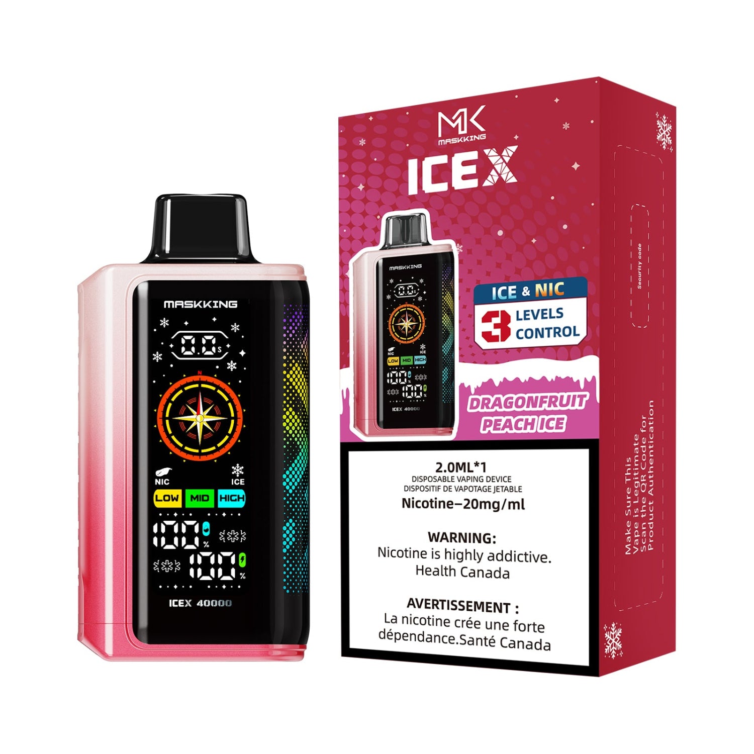 Maskking ICEX Dragon Fruit Peach Ice Disposable vape device and packaging on a white background