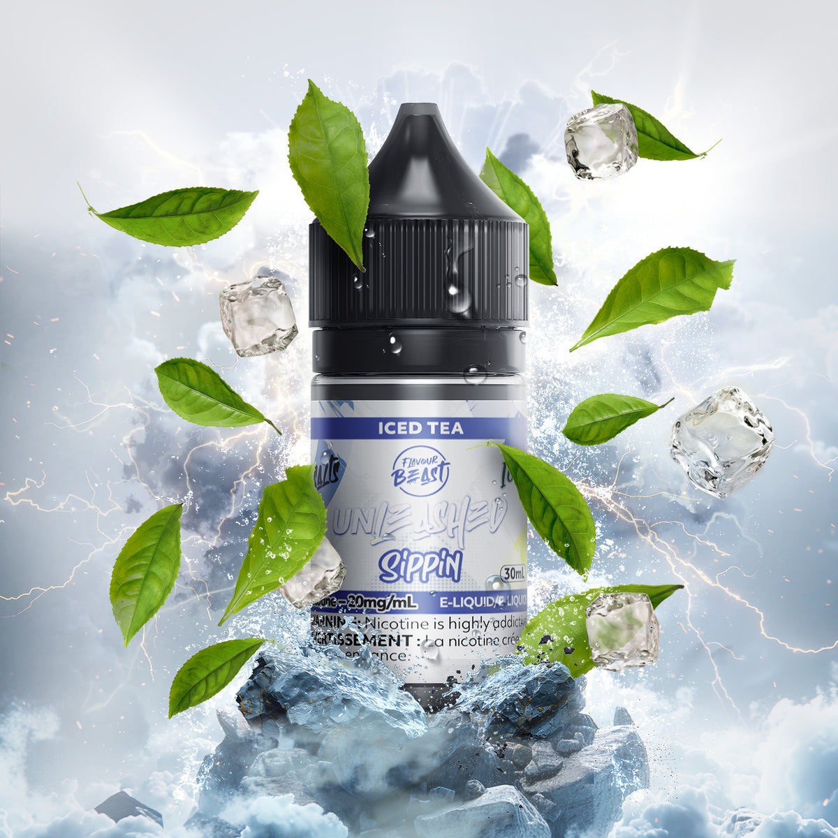 Flavour Beast Iced Tea e-liquid bottle with tea leaves and a glass of iced tea in the background, representing its classic tea essence.