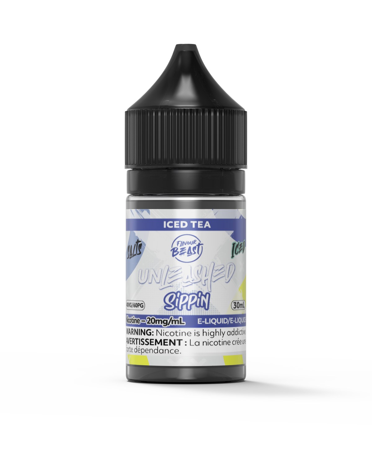 Flavour Beast Iced Tea e-liquid bottle placed next to a glass of iced tea with lemon and ice cubes, highlighting its crisp and sweet flavor.