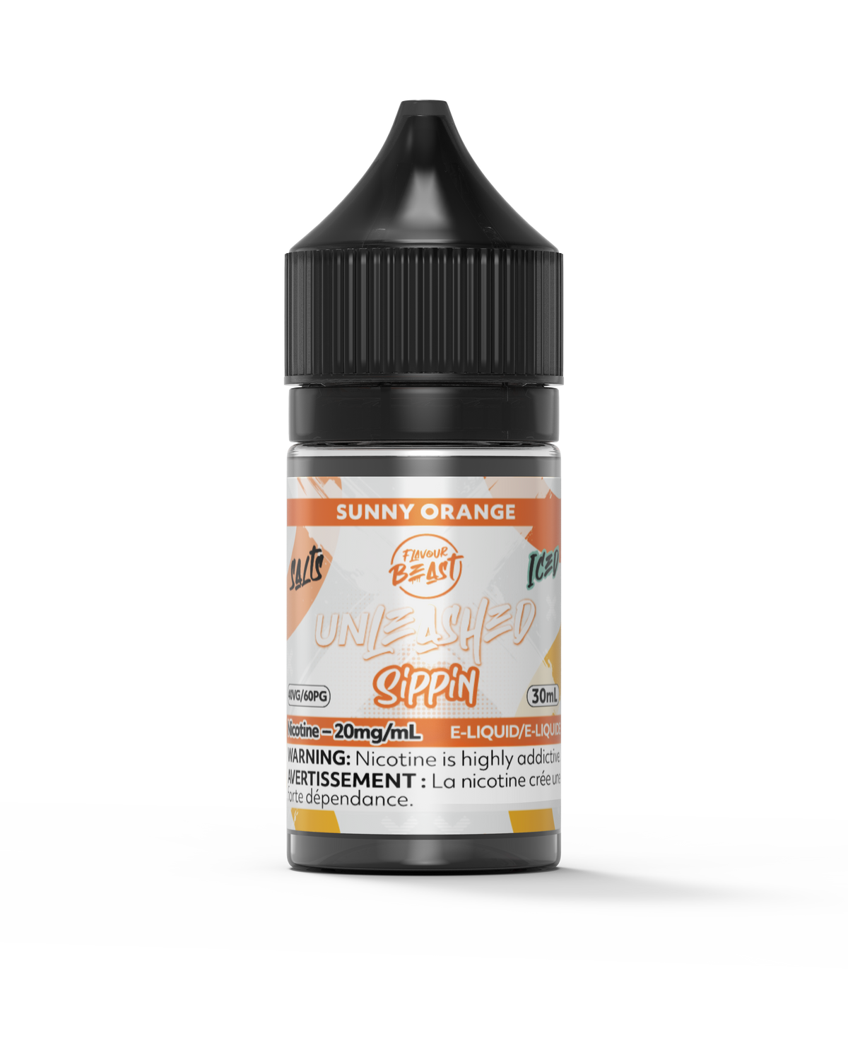Flavour Beast Unleashed Sippin Sunny Orange e-liquid bottle in a close-up, highlighting its fresh and tangy orange flavor.
