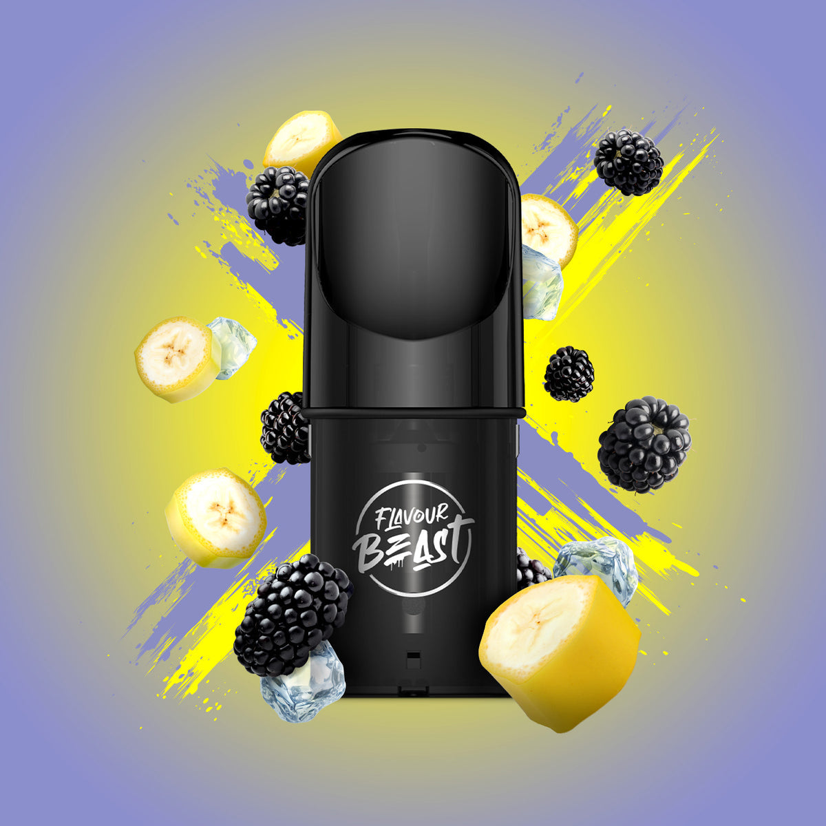 Flavour Beast Pod Pack - Blazin' Banana Blackberry Iced displayed against a vibrant fruit-themed background with icy accents, emphasizing its bold and refreshing profile.