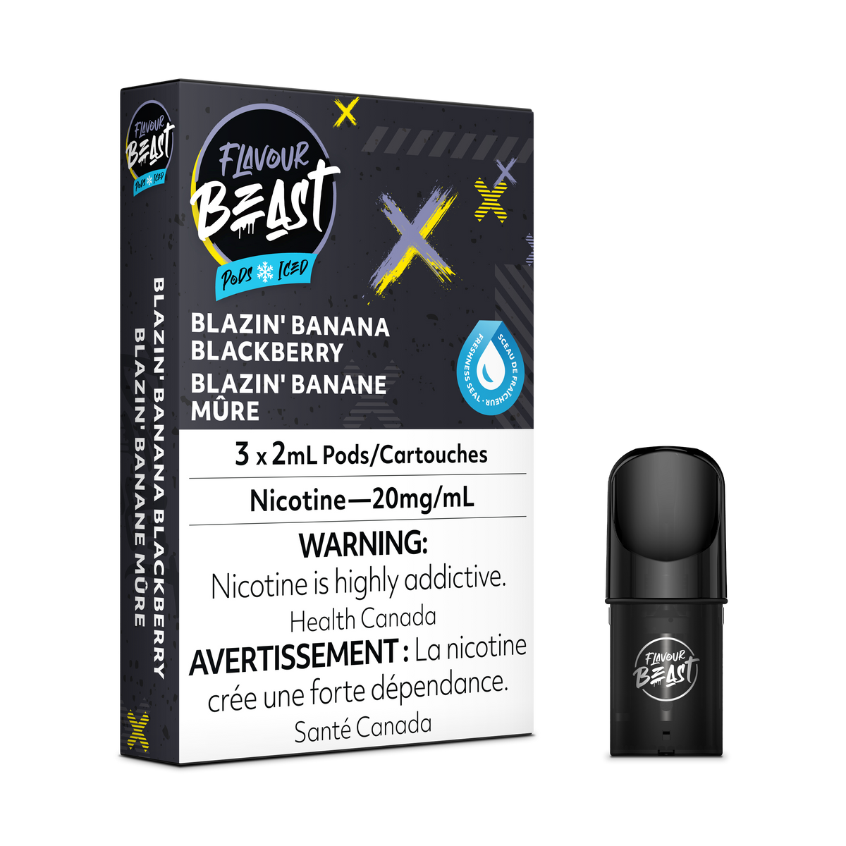 Flavour Beast Pod Pack - Blazin' Banana Blackberry Iced placed with fresh bananas and blackberries, highlighting its sweet and frosty essence.