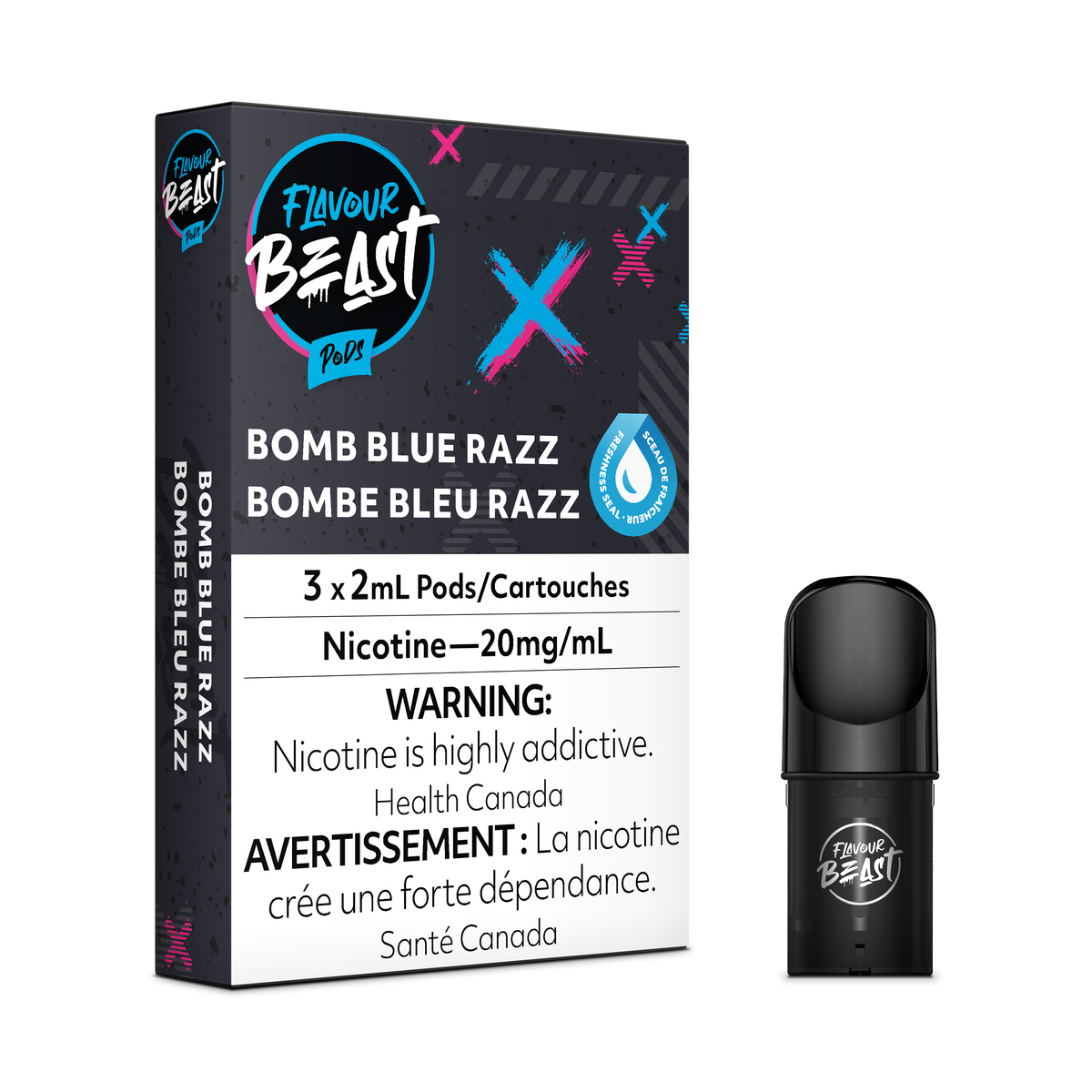 Flavour Beast Pod Pack - Bomb Blue Razz placed with fresh blueberries and raspberries, highlighting its sweet and tangy essence.