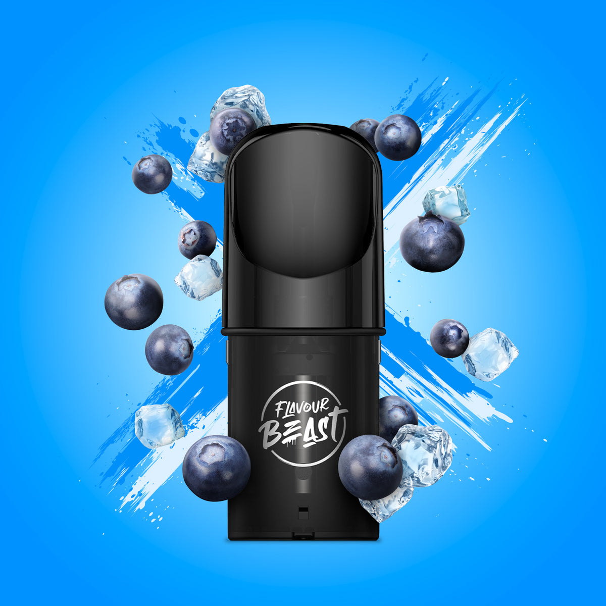 Flavour Beast Pod Pack - Boss Blueberry Iced displayed against a vibrant blueberry-themed background with icy elements, emphasizing its bold and frosty profile.