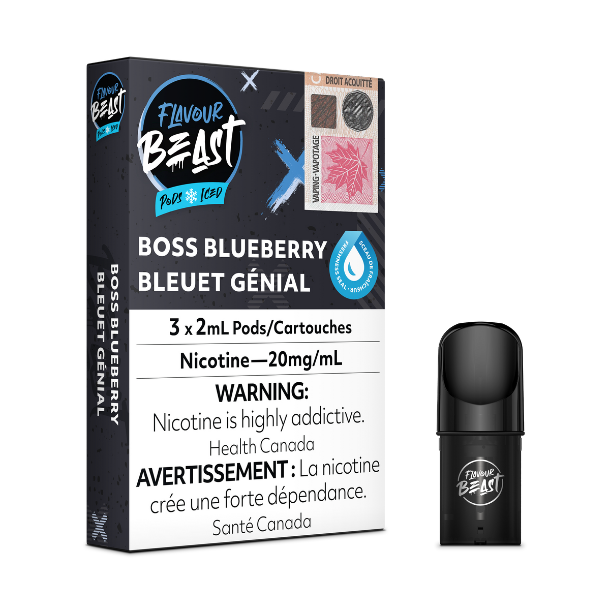 Flavour Beast Pod Pack - Boss Blueberry Iced placed with fresh blueberries and icy accents, highlighting its sweet and refreshing essence.