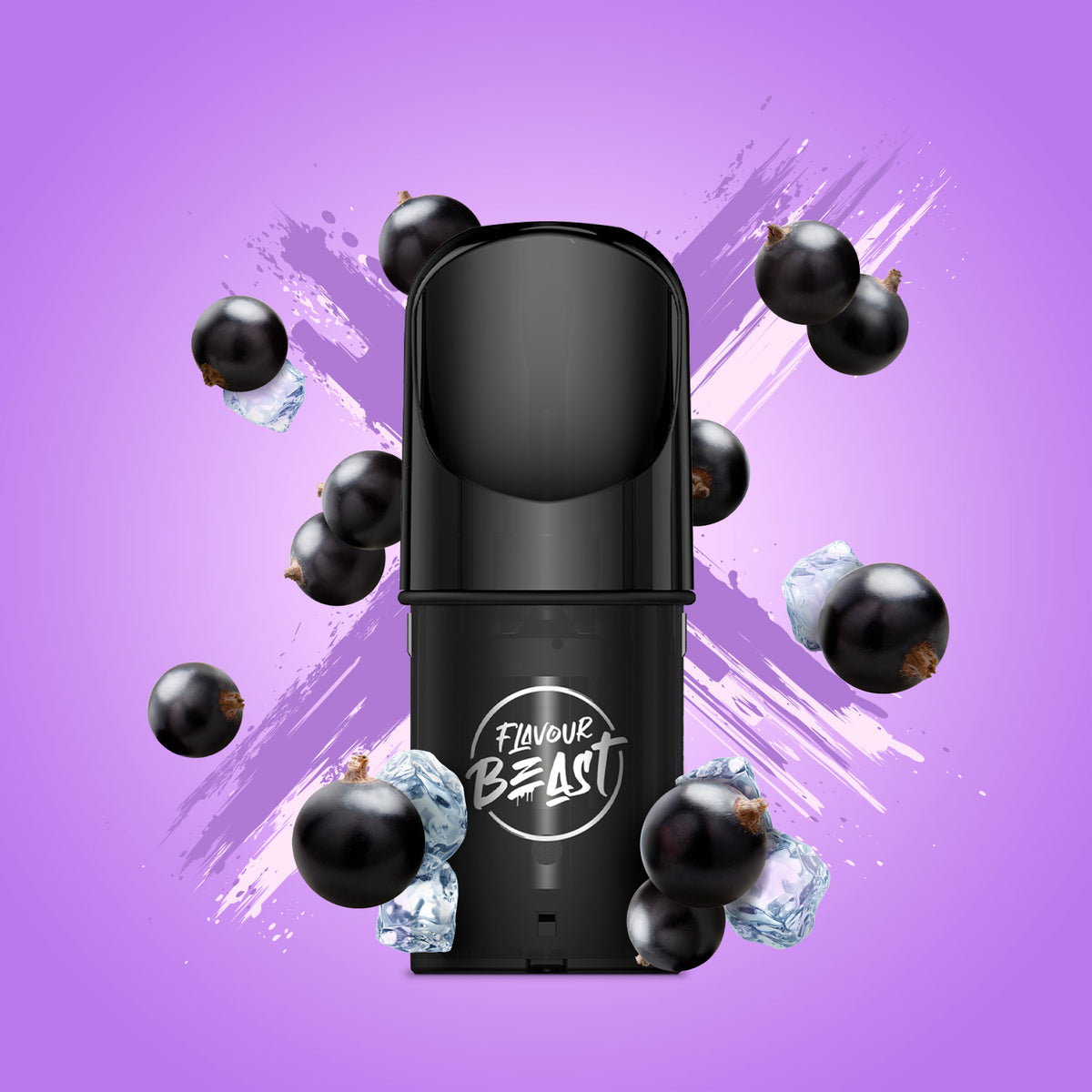 Flavour Beast Pod Pack - Bumpin' Blackcurrant Iced displayed against a bold, fruity-themed background with icy elements, emphasizing its refreshing profile.