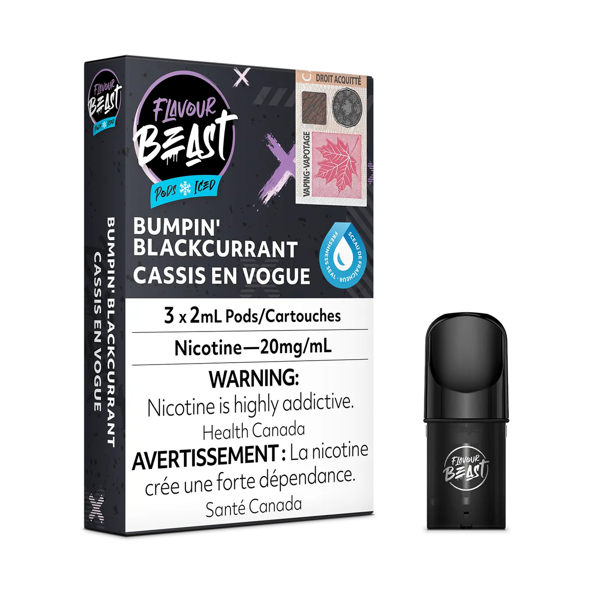 Flavour Beast Pod Pack - Bumpin' Blackcurrant Iced placed with fresh blackcurrants and icy accents, highlighting its vibrant and frosty essence.