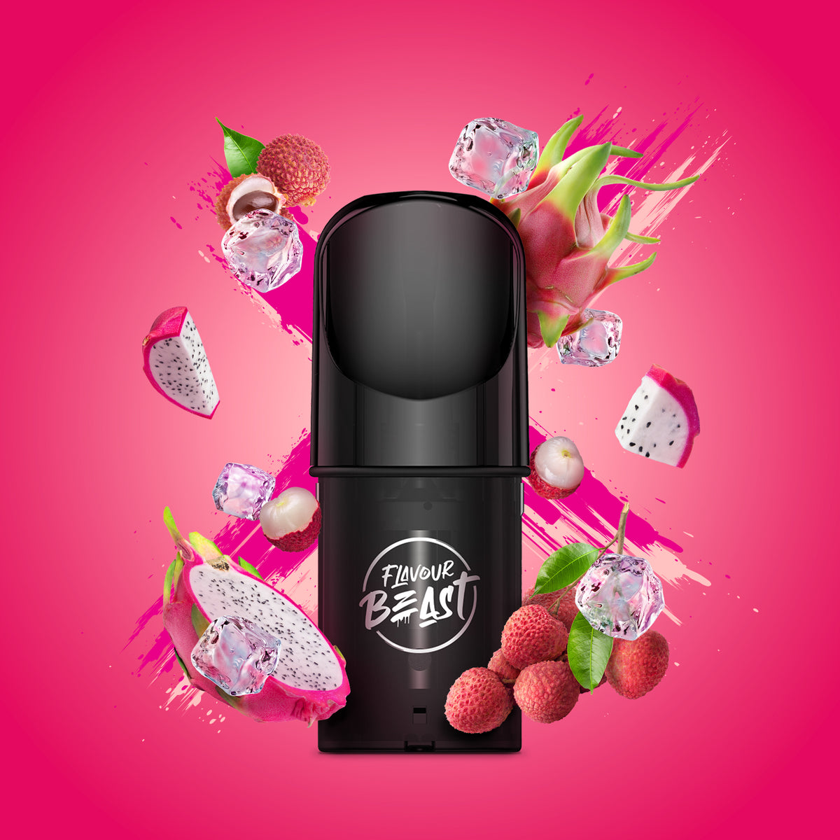 Flavour Beast Pod Pack - Dreamy Dragonfruit Lychee Iced displayed against a tropical-themed background with icy accents, highlighting its refreshing profile.