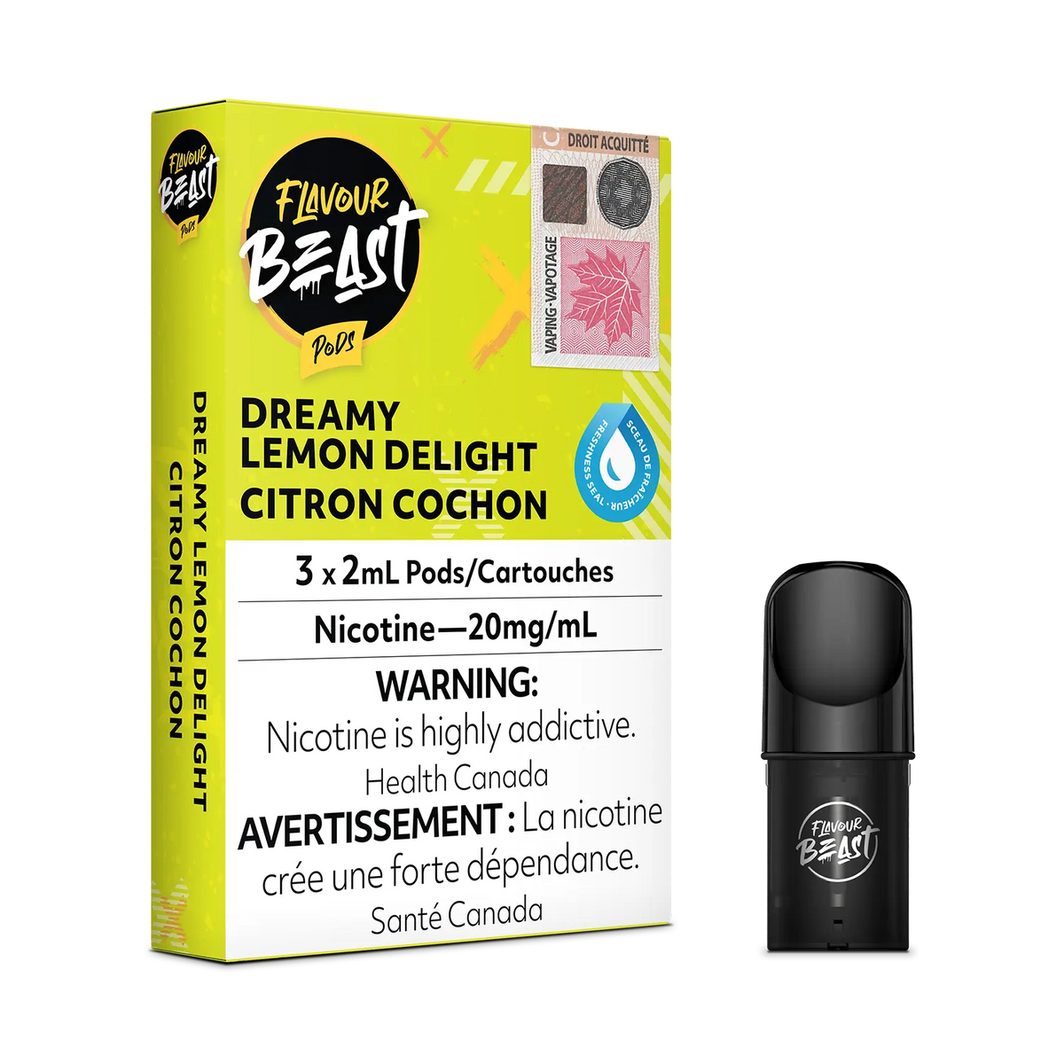 Flavour Beast Pod Pack - Dreamy Lemon Delight placed with fresh lemon slices and zesty accents, highlighting its sweet and tart essence.