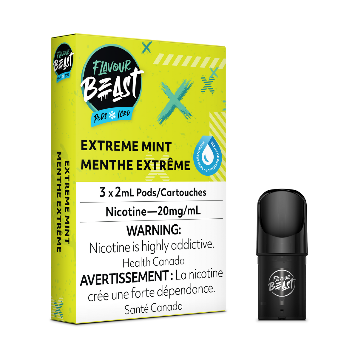 Flavour Beast Pod Pack - Extreme Mint Iced placed with frosty accents, highlighting its bold and refreshing essence.
