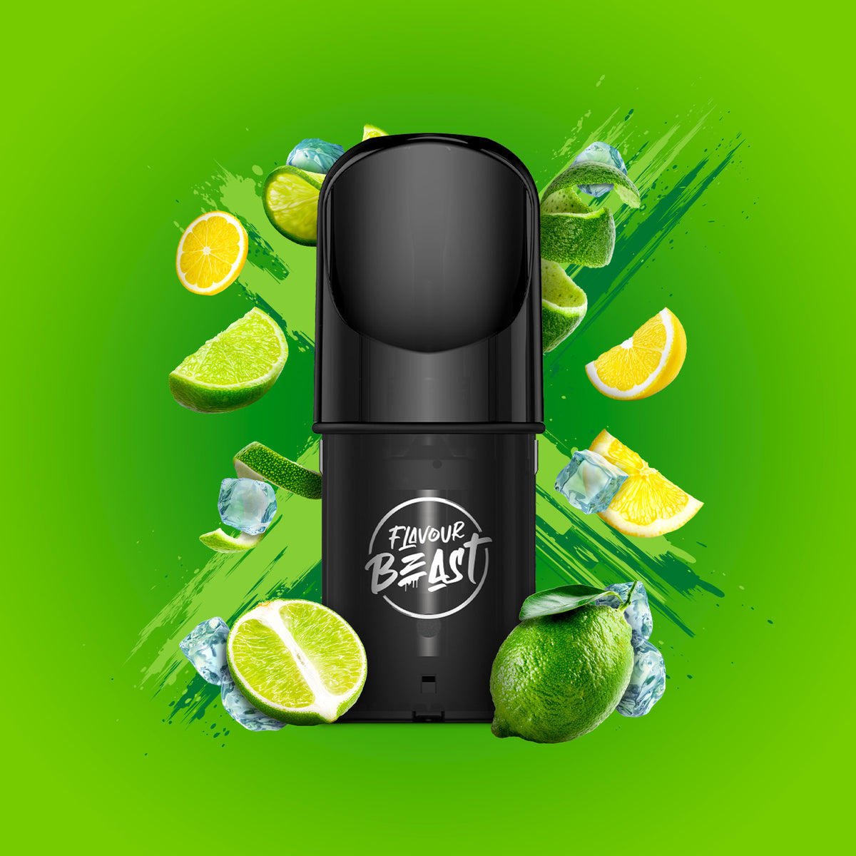 Flavour Beast Pod Pack - Gnarly Green D Iced displayed against a citrus-themed background with icy accents, highlighting its vibrant profile.