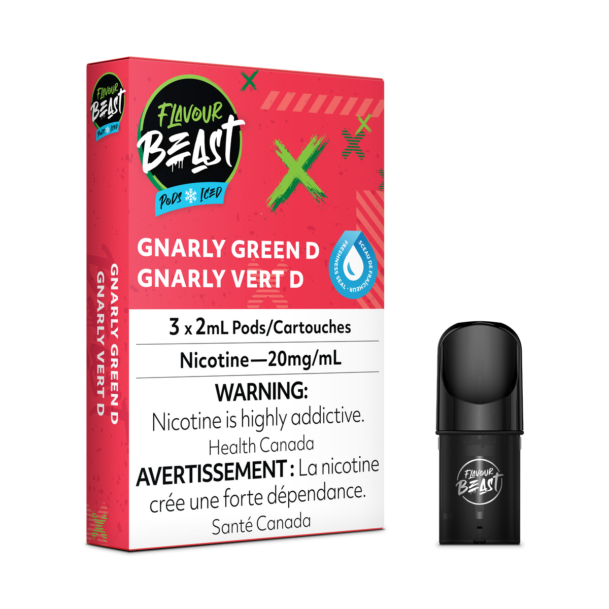 Flavour Beast Pod Pack - Gnarly Green D Iced placed with fresh lemons and limes, emphasizing its zesty and refreshing essence.