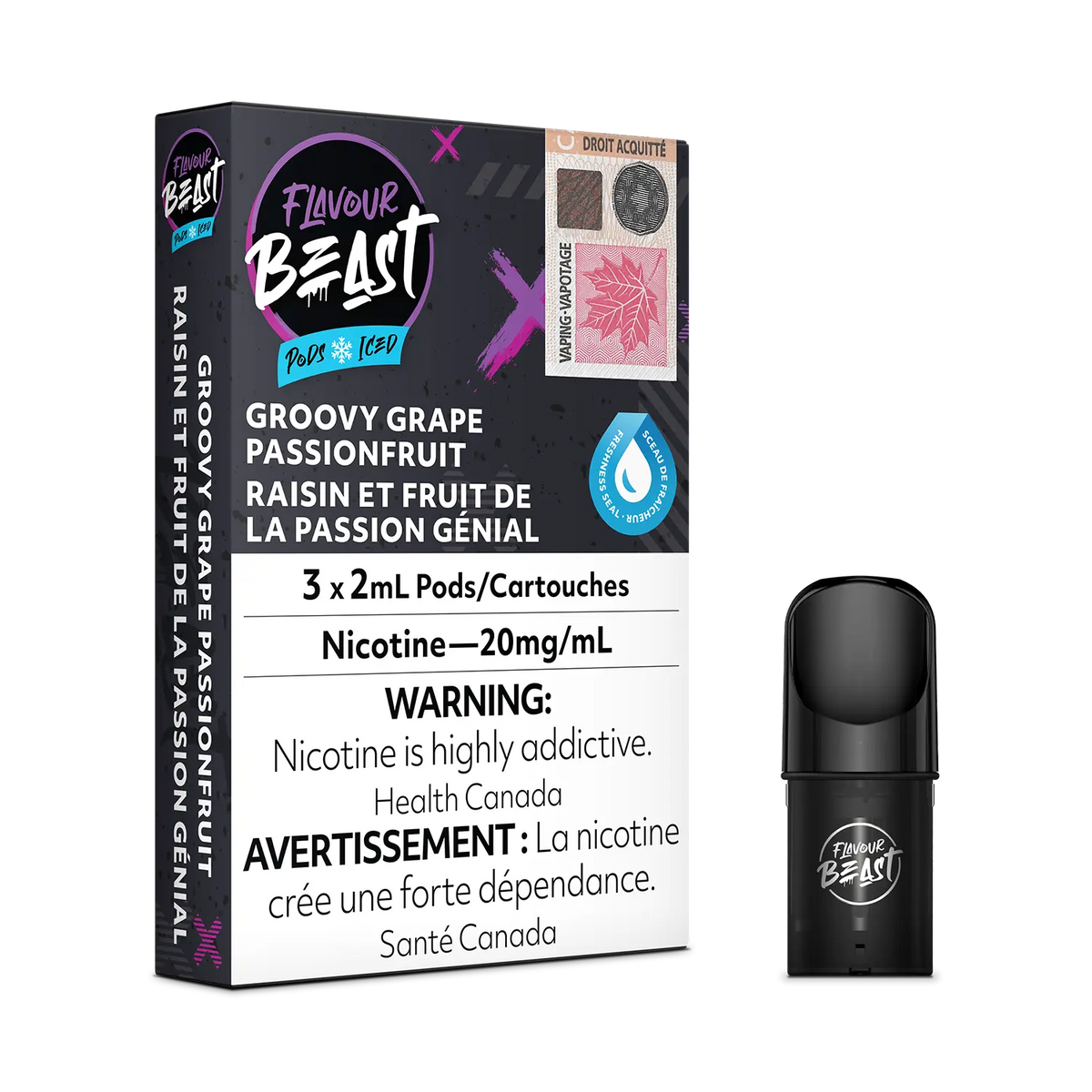 Flavour Beast Pod Pack - Groovy Grape Passionfruit Iced placed with fresh grapes and passionfruit slices, highlighting its vibrant and frosty essence.