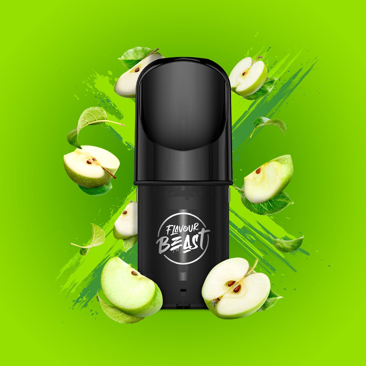 Flavour Beast Pod Pack - Gusto Green Apple displayed against a green apple-themed background, emphasizing its crisp and vibrant profile.
