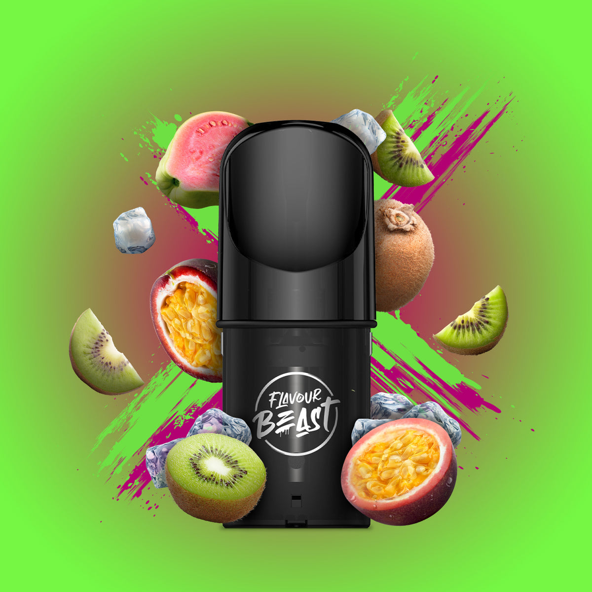 Flavour Beast Pod Pack - Kewl Kiwi Passionfruit Iced displayed against a vibrant tropical-themed background with icy accents, emphasizing its refreshing profile.
