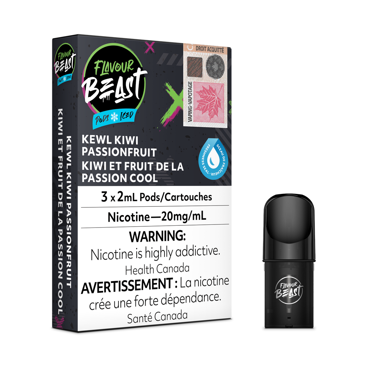 Flavour Beast Pod Pack - Kewl Kiwi Passionfruit Iced placed with fresh kiwi and passionfruit slices, highlighting its bold and frosty essence.