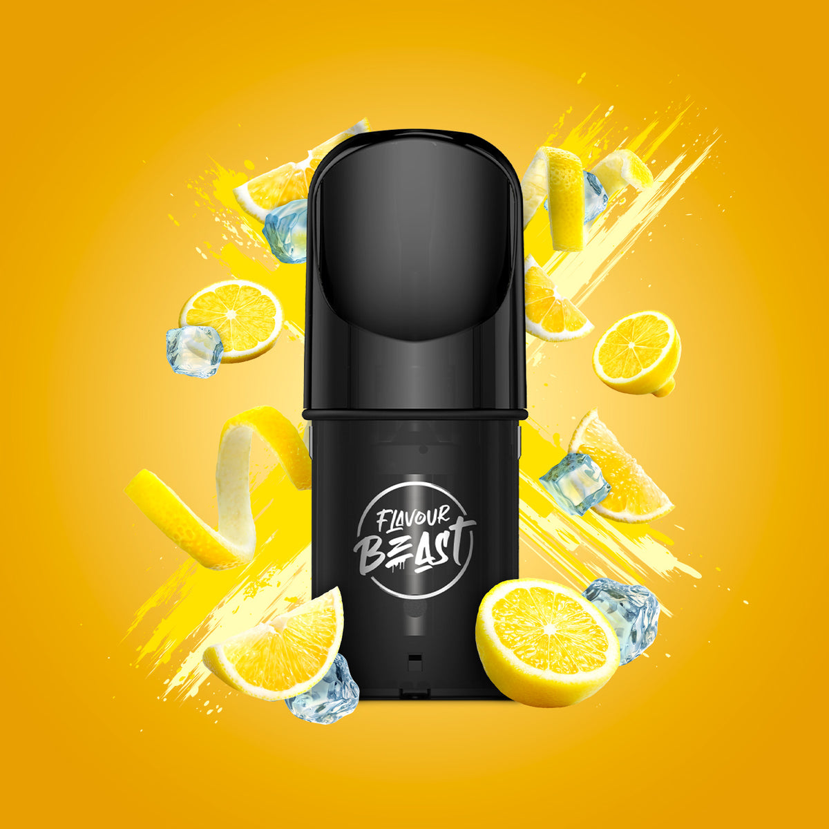 Flavour Beast Pod Pack - Lemon Squeeze Iced displayed against a citrus-themed background with icy accents, highlighting its zesty and frosty profile.