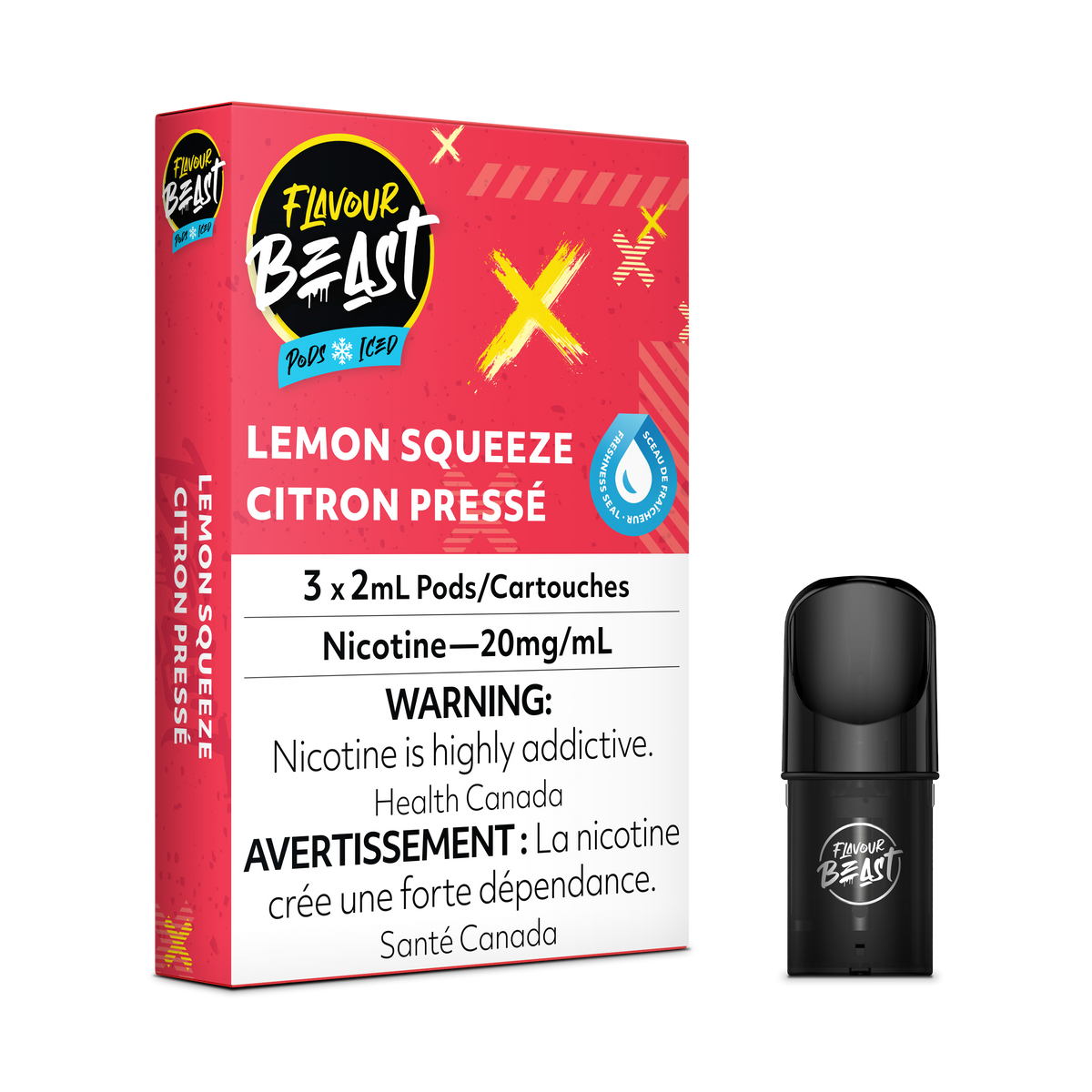 Flavour Beast Pod Pack - Lemon Squeeze Iced placed with fresh lemons and icy elements, emphasizing its tangy and refreshing essence.