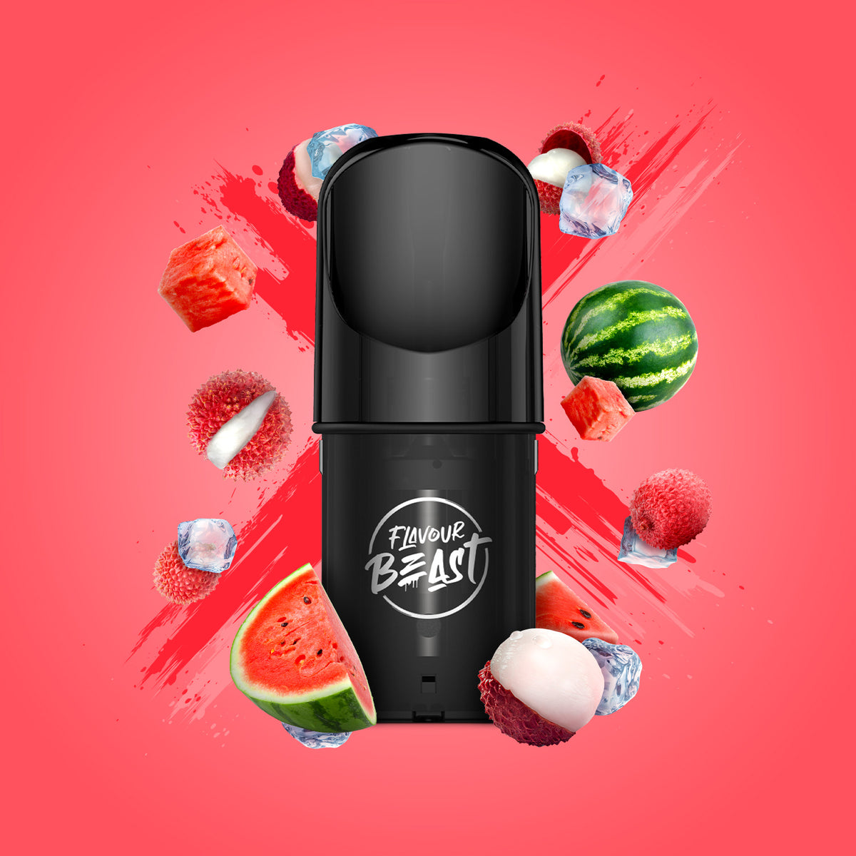 Flavour Beast Pod Pack - Lit Lychee Watermelon Iced displayed against a vibrant tropical-themed background, highlighting its juicy and icy profile.