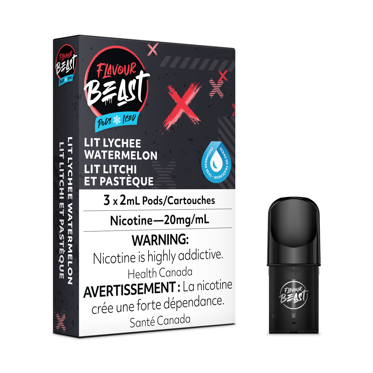 Flavour Beast Pod Pack - Lit Lychee Watermelon Iced 3-pack up close, showcasing sleek design and tropical lychee-watermelon flavor.
