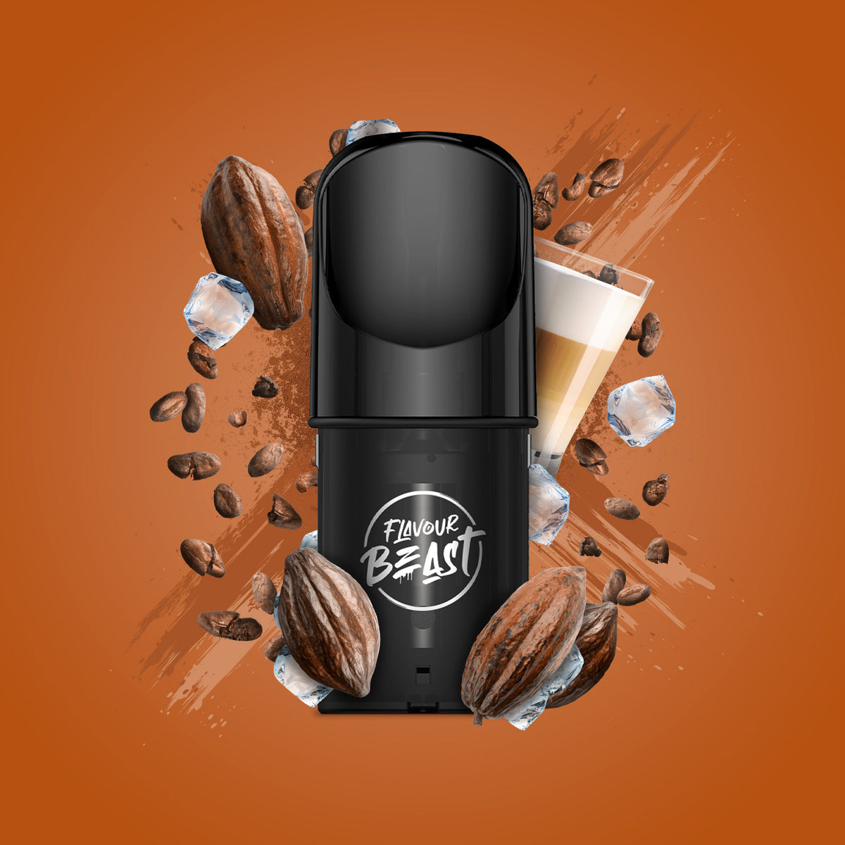 Flavour Beast Pod Pack - Loco Cocoa Latte Iced displayed against a coffee and chocolate-themed background with icy elements, emphasizing its bold and indulgent essence.