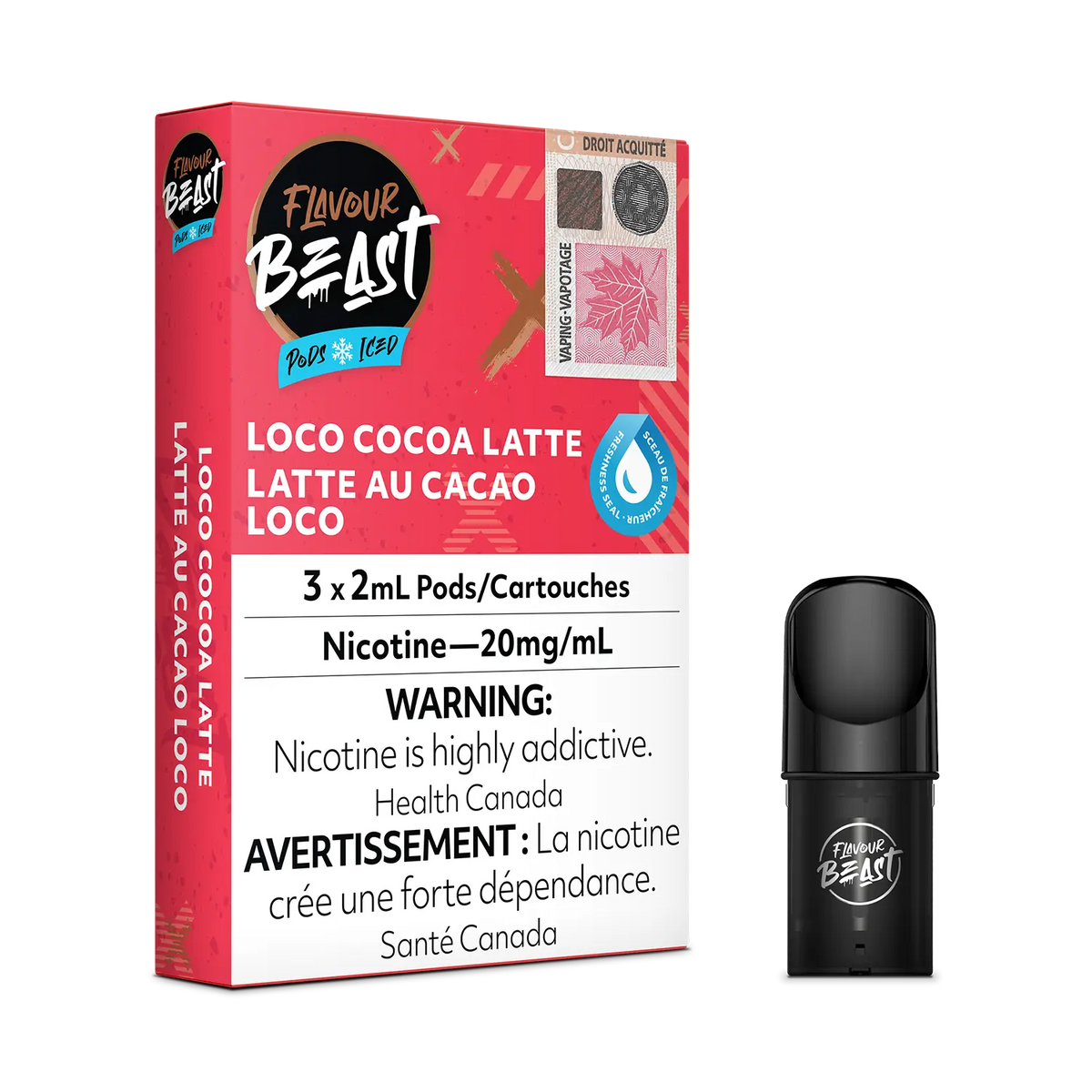 Flavour Beast Pod Pack - Loco Cocoa Latte Iced placed with cocoa beans, a latte cup, and frosty accents, highlighting its rich and frosty profile.