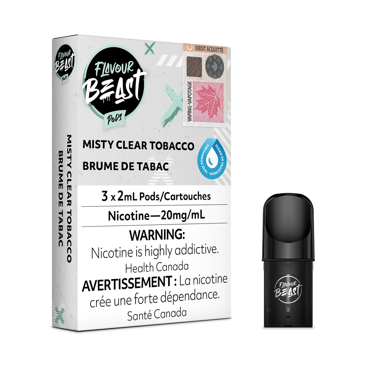Flavour Beast Pod Pack - Misty Clear Tobacco placed with tobacco leaves and misty accents, highlighting its smooth and uplifting profile.