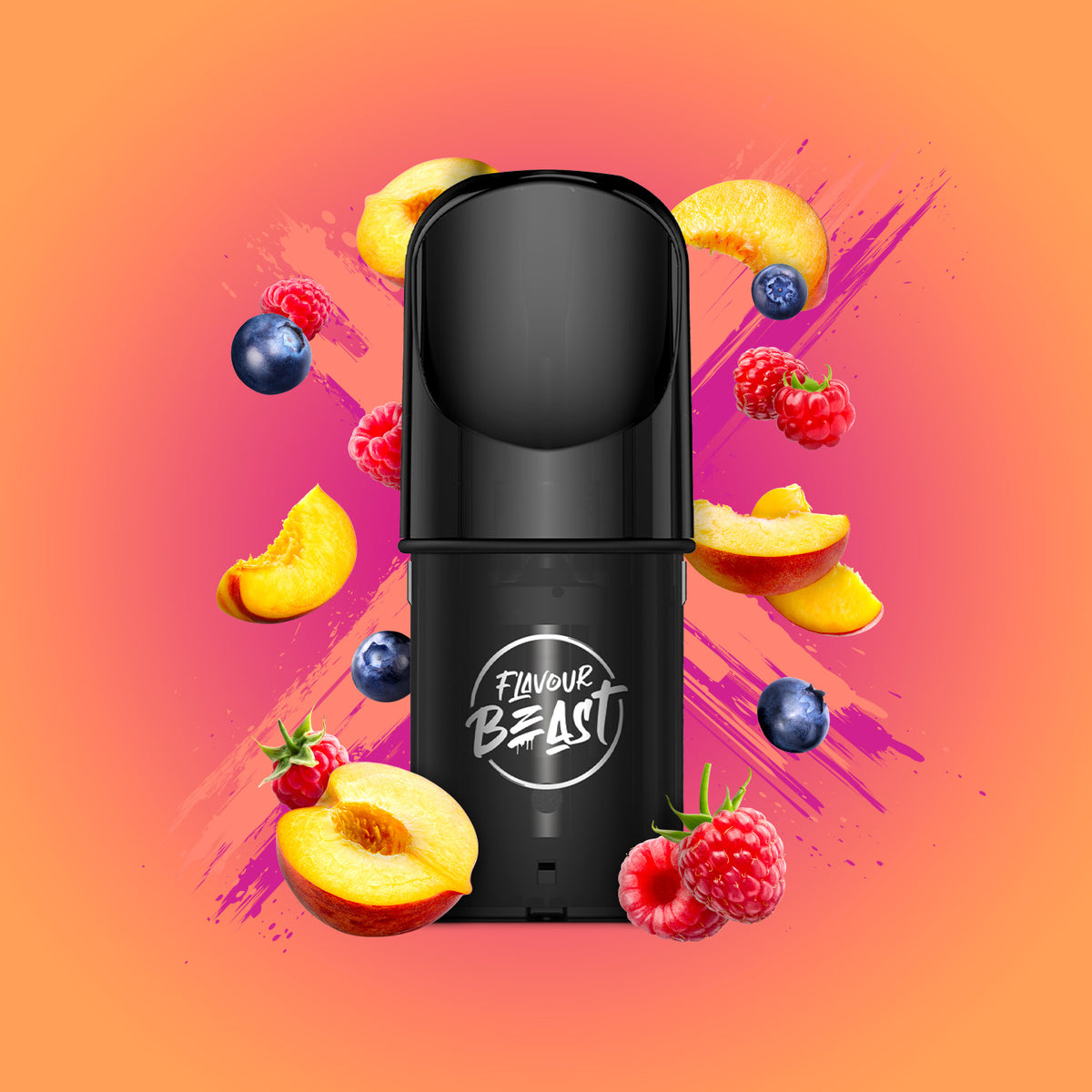 Flavour Beast Pod Pack - Packin' Peach Berry 3-pack up close, showcasing sleek design and vibrant peach-berry flavor.