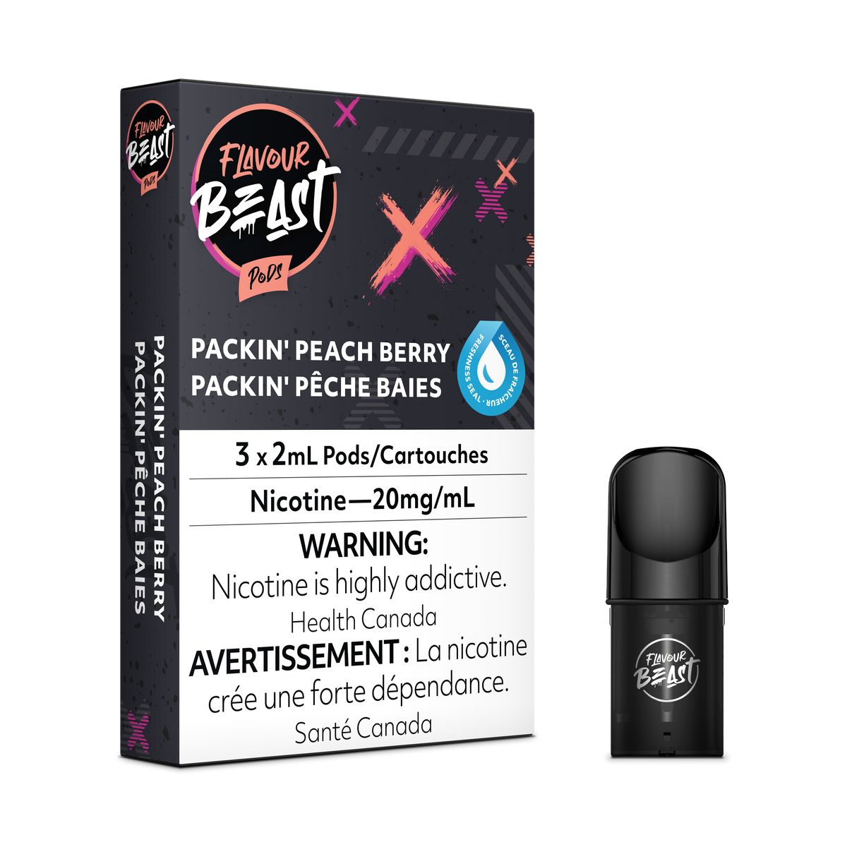 Flavour Beast Pod Pack - Packin' Peach Berry placed with fresh peaches and mixed berries, highlighting its sweet and fruity essence.
