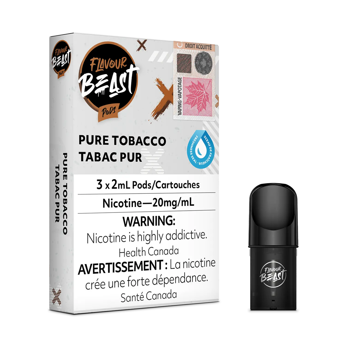 Flavour Beast Pod Pack - Pure Tobacco 3-pack up close, showcasing sleek design and authentic tobacco flavor.