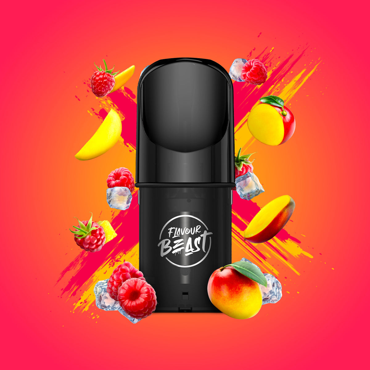 Flavour Beast Pod Pack - Ragin' Razz Mango Iced 3-pack up close, showcasing sleek design and vibrant raspberry-mango flavor.