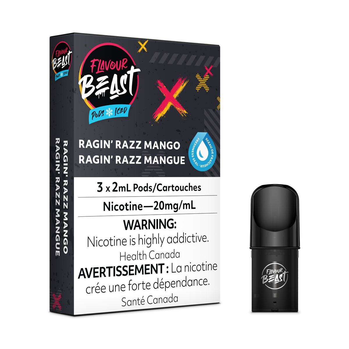 Flavour Beast Pod Pack - Ragin' Razz Mango Iced placed with fresh raspberries, mango slices, and icy accents, highlighting its fruity and cool profile.