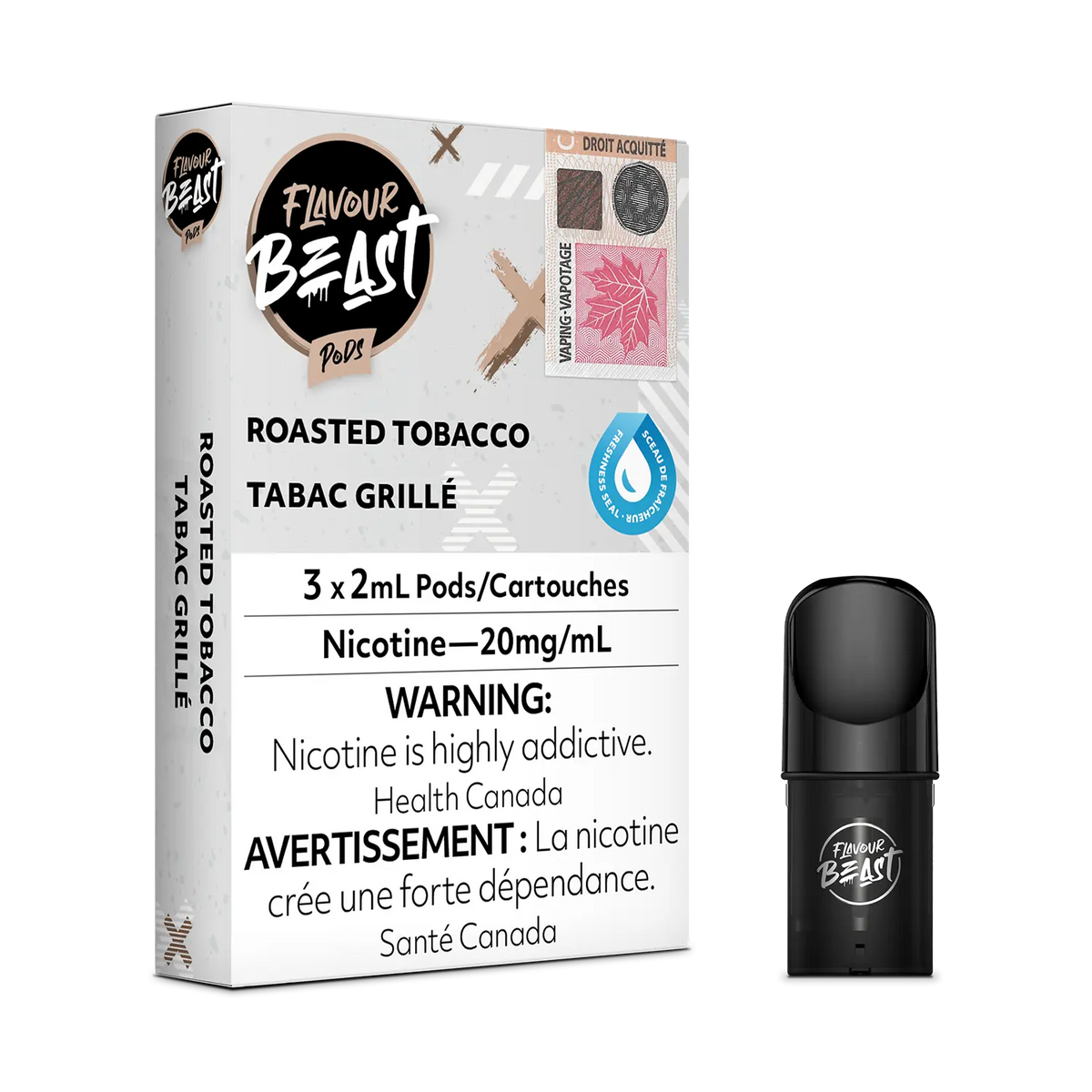 Flavour Beast Pod Pack - Roasted Tobacco placed with roasted nuts and tobacco leaves, highlighting its rich and nutty essence.