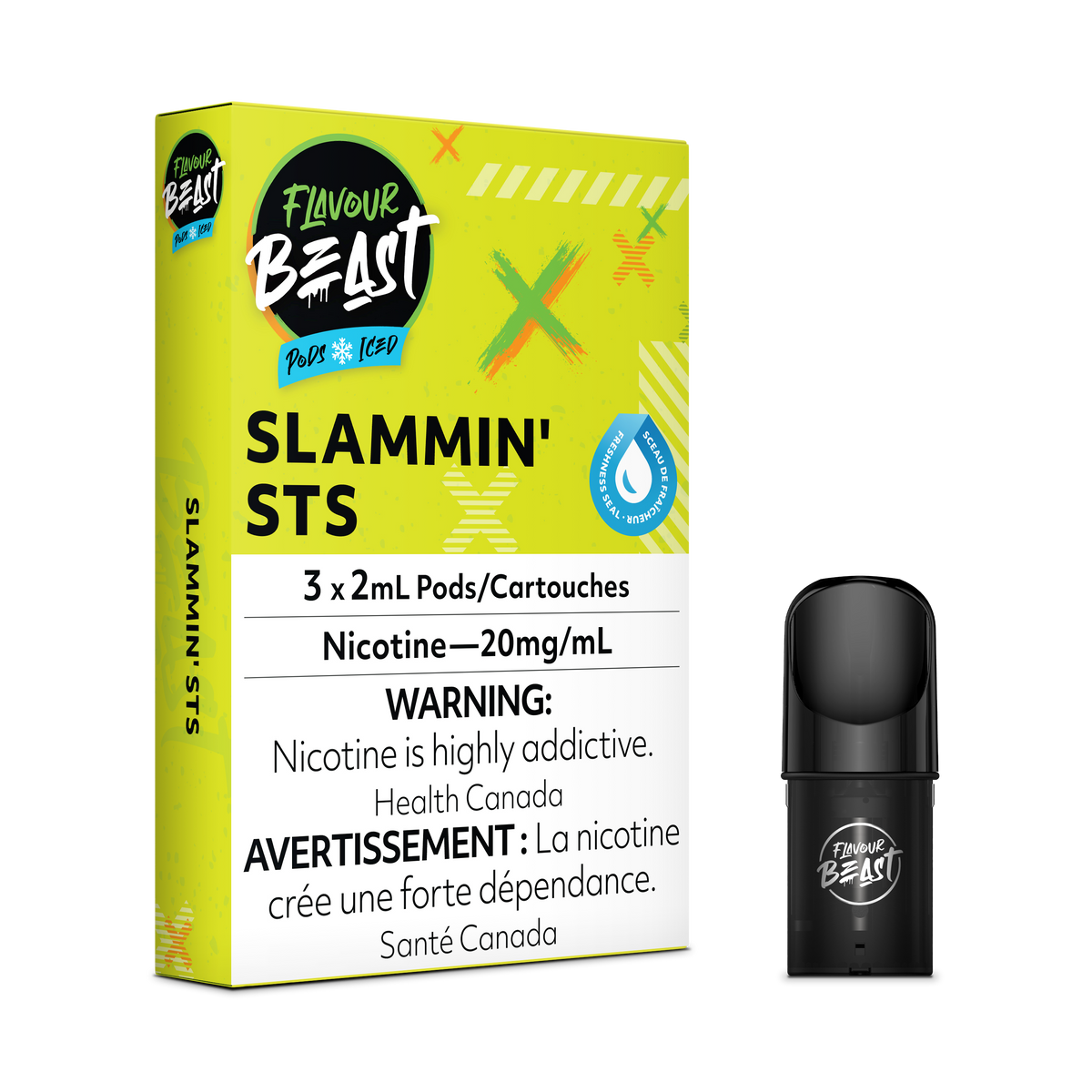 Flavour Beast Pod Pack - Slammin' STS Iced displayed against a fruity and frosty-themed background, emphasizing its bold and cool essence.