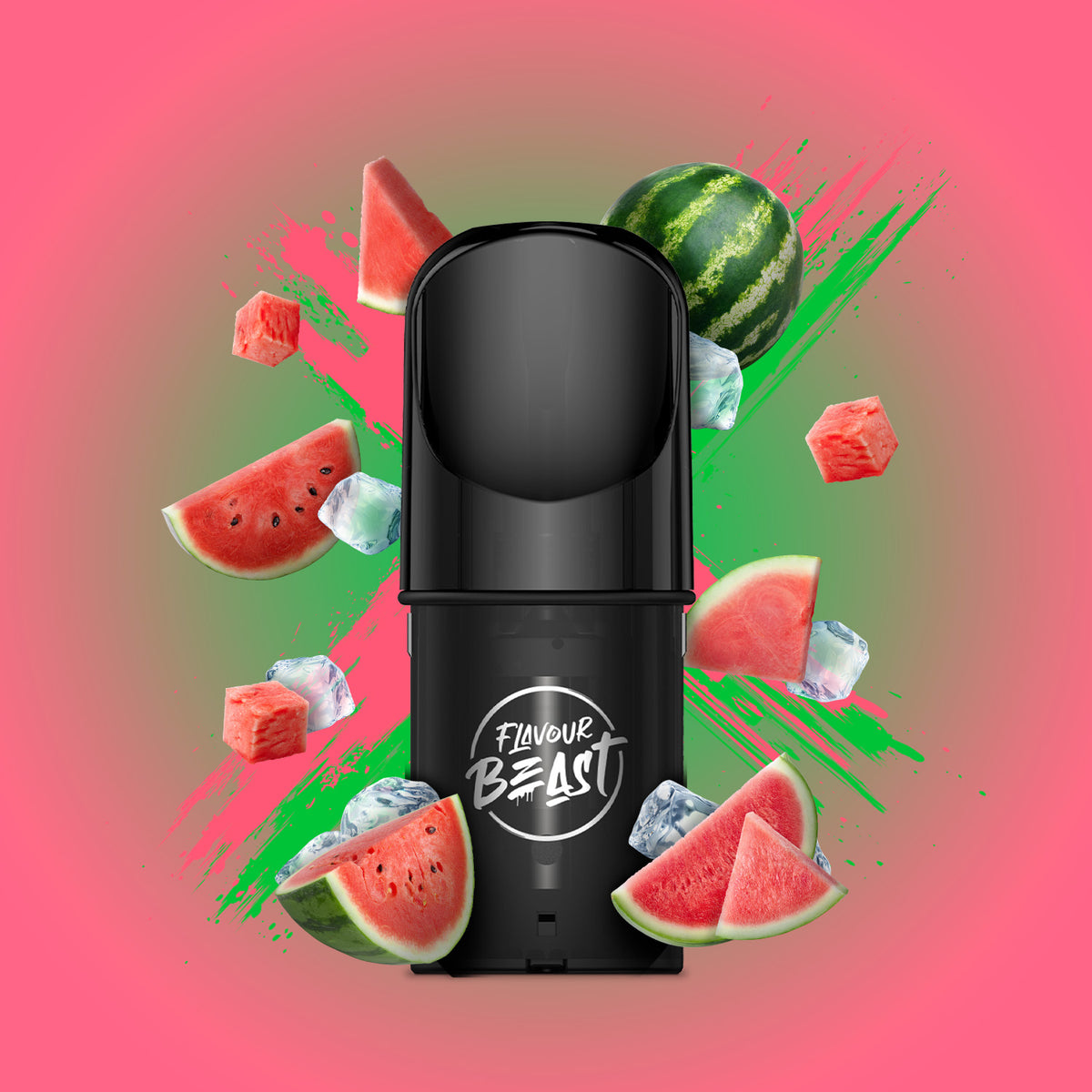Flavour Beast Pod Pack - Weekend Watermelon Iced 3-pack up close, showcasing sleek design and refreshing watermelon flavor.