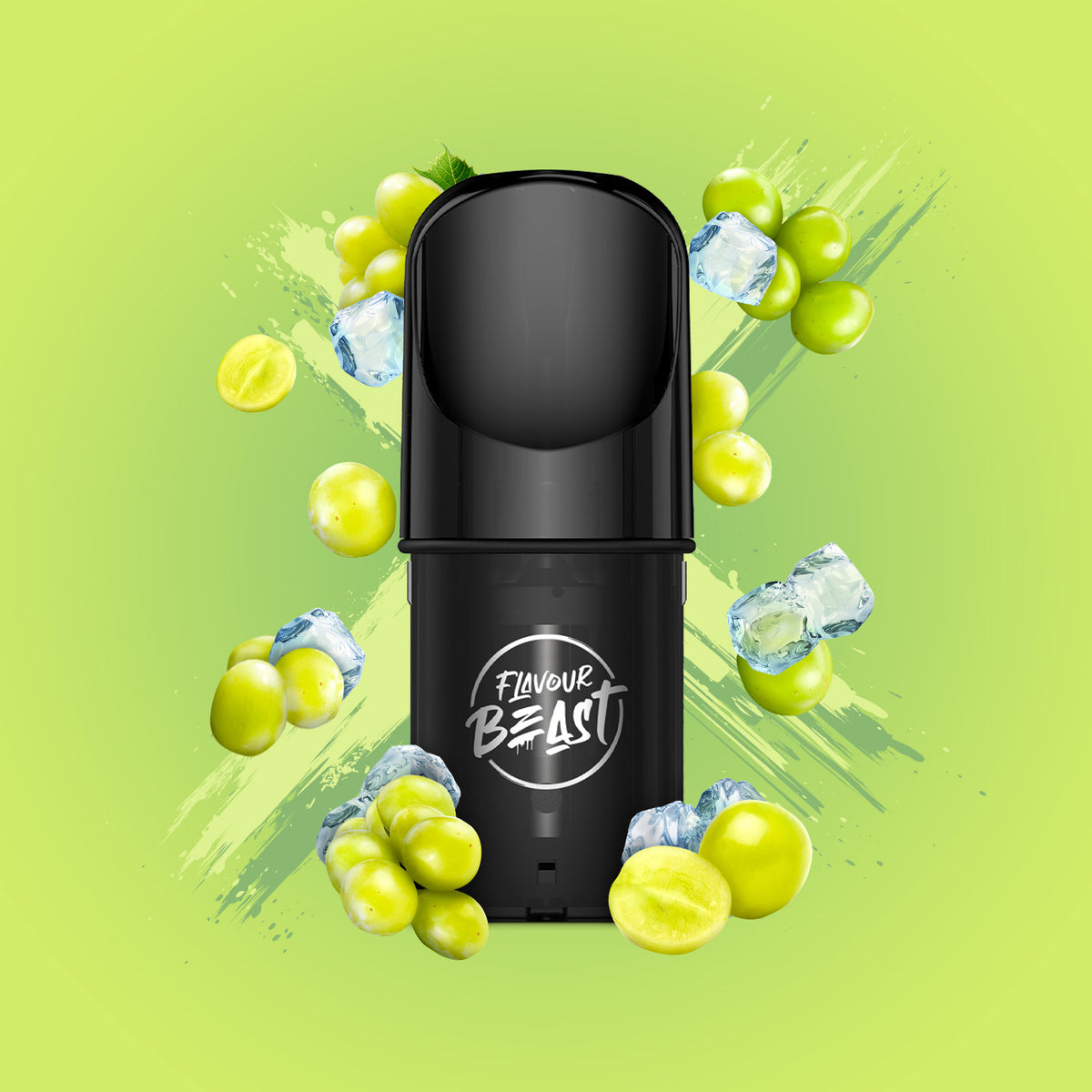 Flavour Beast Pod Pack - Wild White Grape Iced placed with fresh white grapes and icy accents, highlighting its juicy and refreshing essence.