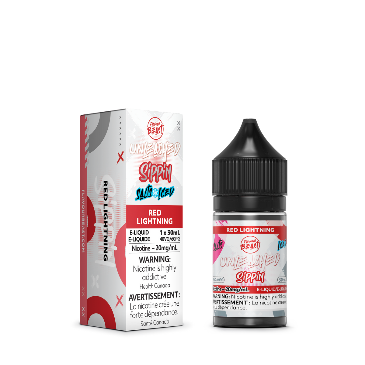 Flavour Beast Red Lightning e-liquid bottle placed with bright citrus fruits, emphasizing its bold and invigorating flavor profile.