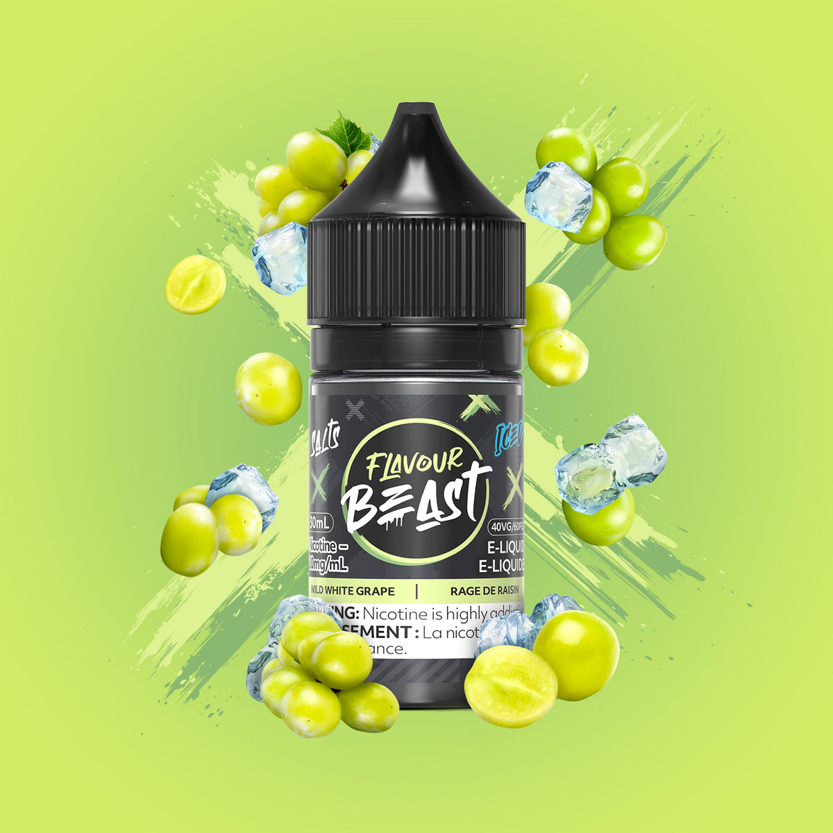 Flavour Beast Wild White Grape Iced 3mg 30mL displayed against a fresh, icy grape-themed background, emphasizing its bold, refreshing flavor.