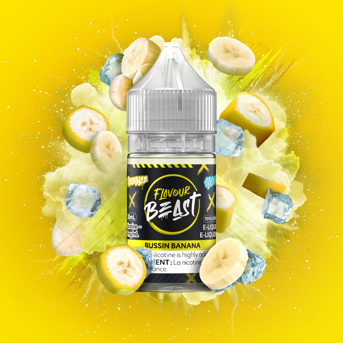 Flavour Beast Freebase - Bussin Banana Iced 3mg 30mL bottle, showcasing bold banana flavor with an icy twist.