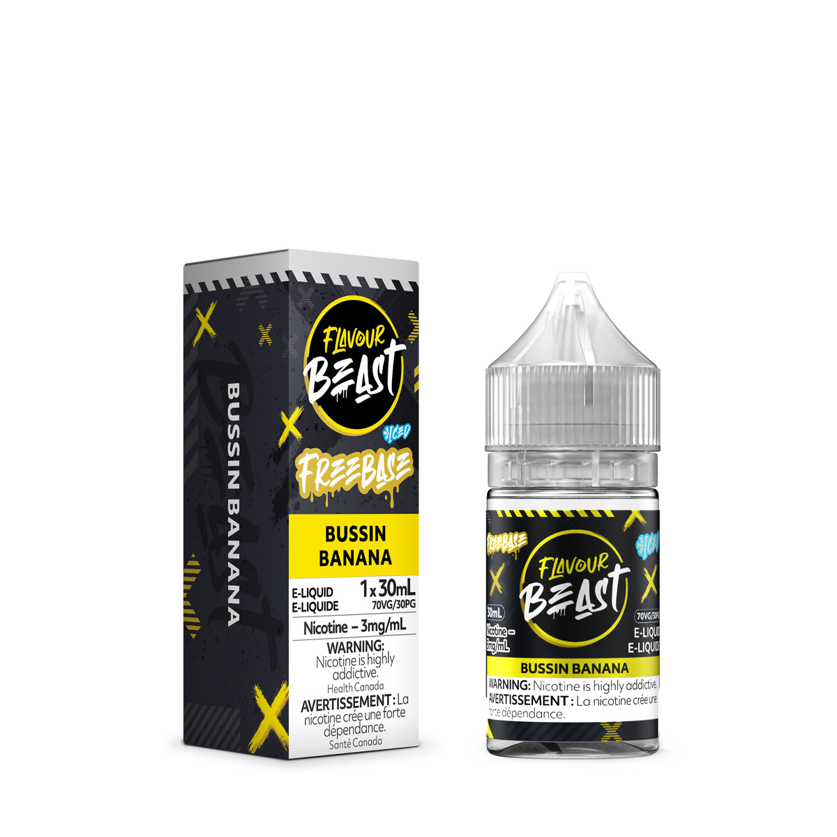 Flavour Beast Freebase Bussin Banana Iced placed with fresh banana slices and ice cubes, highlighting its creamy and cool essence.