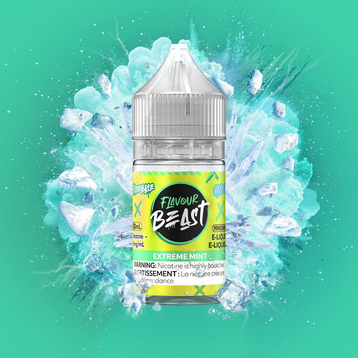 Flavour Beast Freebase - Extreme Mint Iced 3mg 30mL bottle, showcasing bold mint and icy menthol flavor.