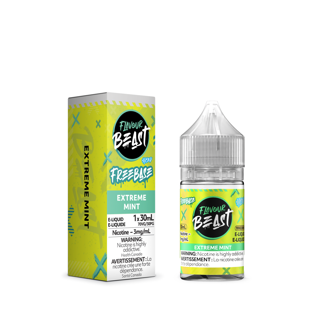 Flavour Beast Freebase Extreme Mint Iced placed with fresh mint leaves and ice cubes, highlighting its intense cooling sensation.