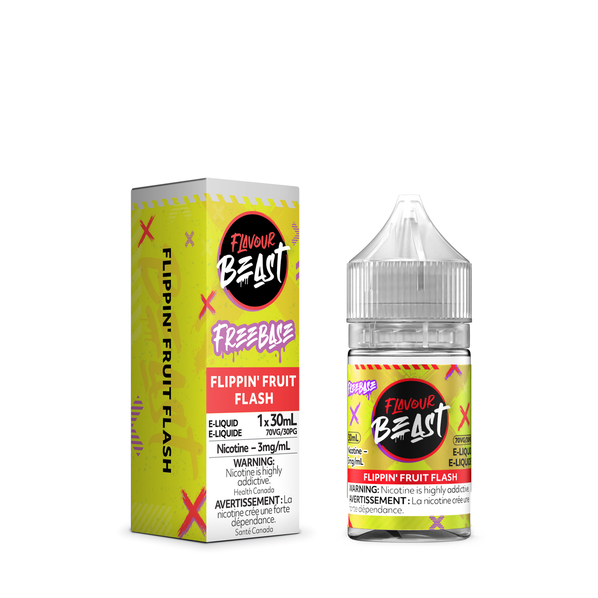 Flavour Beast Freebase Flippin' Fruit Flash placed with fresh mixed berries, citrus slices, and tropical fruits, highlighting its vibrant taste.