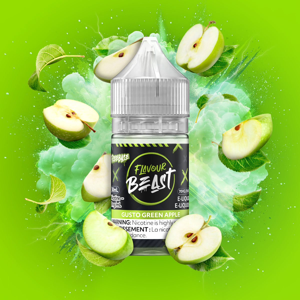 Flavour Beast Freebase Gusto Green Apple 3mg 30mL displayed against a vibrant apple-themed background, emphasizing its refreshing profile.