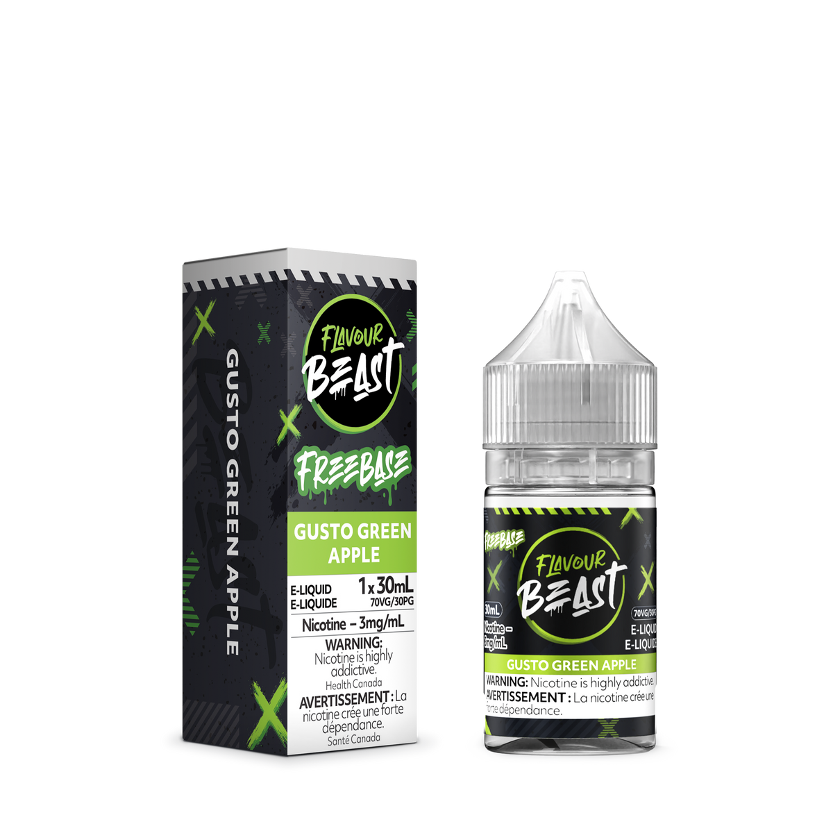 Flavour Beast Freebase - Gusto Green Apple 3mg 30mL bottle, showcasing its fresh green apple flavor.